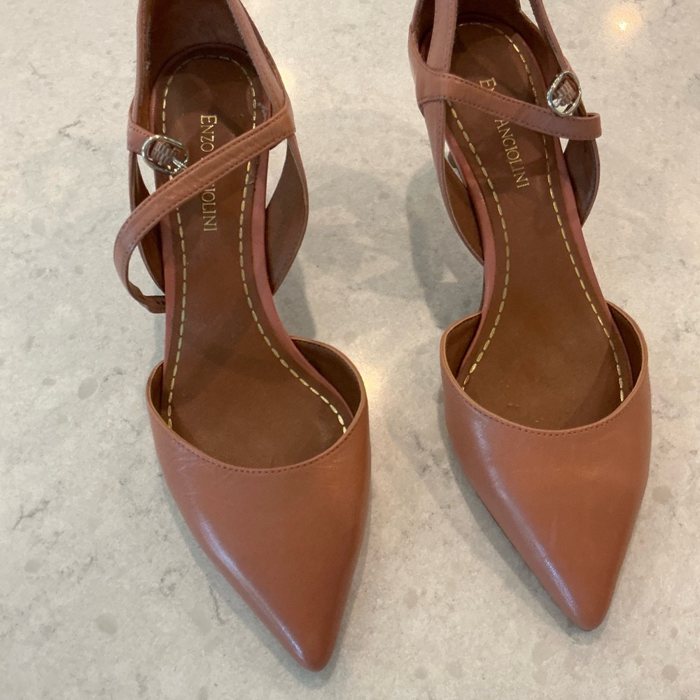 Enzo Angiolini Pointed Toe Ankle Strap Pumps in Cognac Brown says 9w